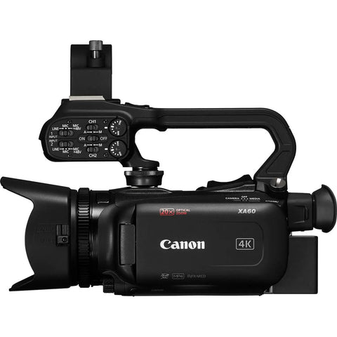 XA60 4K UHD Camcorder with 20x Optical Zoom, UVC Livestreaming, Dual SD Slots, Optical Stabilization, side view showing controls