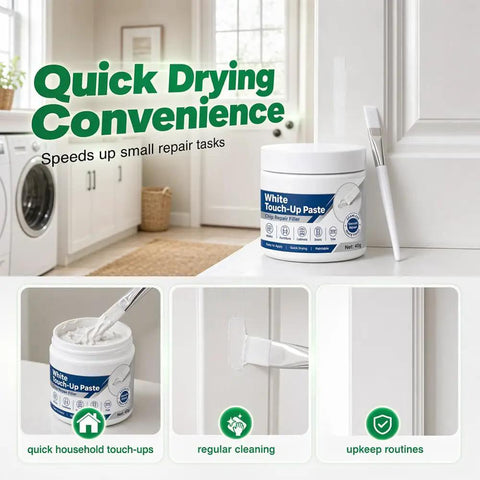 White Touch Up Paste With Brush Kicks Scratches To The Curb Fast Furniture And Wall Repair Putty on a countertop, includes brush.