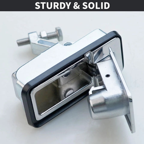 Front view of chrome Loclink compression latch lock for boat hatches; marine-grade zinc alloy