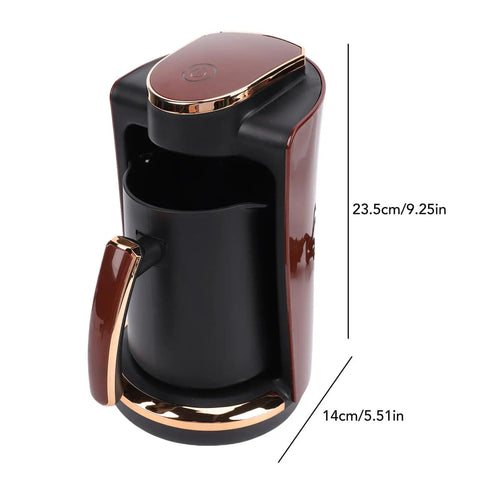 550W Turkish Coffee Maker 250ml Single Cup Brewer for Home Office Travel, shown in a compact brown and black design with measurements