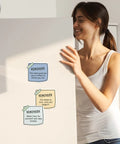 Woman in white top looks at fridge with 24 Pcs Mental Health Stickers Set With 8 Styles, Motivational Affirmations, Waterproof Decor.