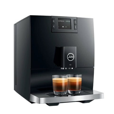 Top Shelf Automatic Coffee Machine In Sleek Piano Black Featuring Fresh Aroma Grinder PEP Brew Tech with two espresso cups.