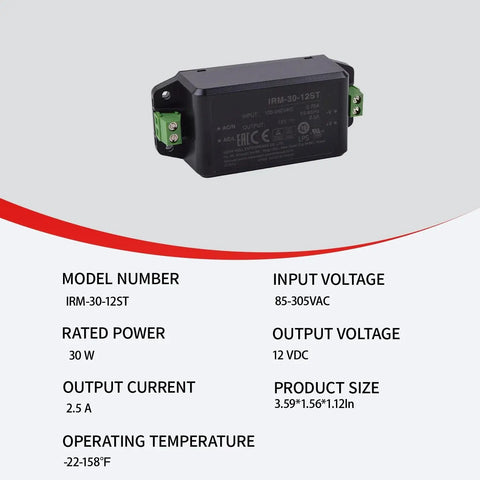 Workhorse 12 Volt 2.5 Amp 30 Watt Din Rail Power Supply featuring compact design and flame-resistant casing.