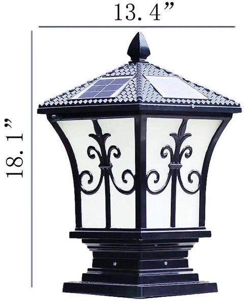 Extra Large Solar Post Cap Lights For Pillars, 9.43 Inch Diameter By 17.8 Inch Height, black metal finish with solar panel