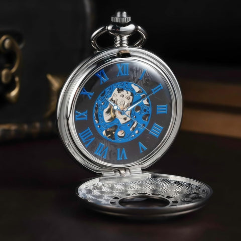 Vintage Skeleton Pocket Watch For Men With Chain Real Deal Mechanical Timepiece With Roman Numerals Silver Blue Case Elegant Engraved Cover Classic Antique Style For Everyday Wear