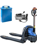 Heavy Duty Full Electric Pallet Jack With Massive 4400 Lbs Capacity And Powerful 48 Volt Lithium Battery, charger, and battery.