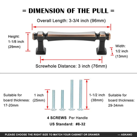 Dimensions for French Style Antique Brass Cabinet Pulls 3 Inch Center To Center Solid Metal Drawer Handles with screw info.