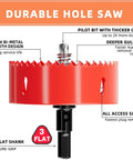 Three And Three Quarters Inch Bi Metal Hole Saw Drill Bits Kit With Arbor showing pilot bit and durable tooth design