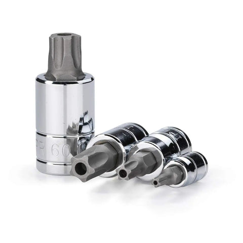12 Piece Five Point Star Torx Tamper Proof Security Bit Socket Set With 1 Quarter Inch Drive T8 T10 T15 T20 T25 T27 T30 And 3 Eighth Inch Drive T40 T45 T50 T55 And 1 Half Inch Drive T60 Case Included With S2 Bits On CRV Sockets showing various socket sizes.
