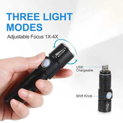 Hand holding USB chargeable flashlight with three light modes, adjustable focus, and shift knob.