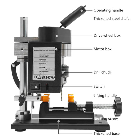 Side view of labeled Mini Drill Press For Jewelry Making And PCB Projects Dope Precision Benchtop Drilling Machine with components