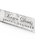 Personalized Desk Name Plate With White Marble Look On Clear Acrylic, Custom Name And Title, Engraved Office Sign