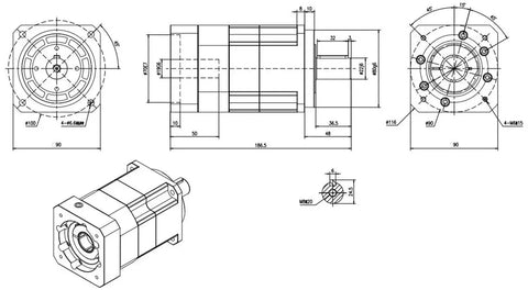 High Precision Helical Gear Planetary Reducer Gearbox 50 To 1 Ratio Compatible With 80mm Mount 750W AC Servo Motor technical drawing with dimensions