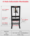 Front view of 6 Ton Hydraulic Shop Press With Adjustable Worktable And Stamping Plates, features and dimensions displayed.