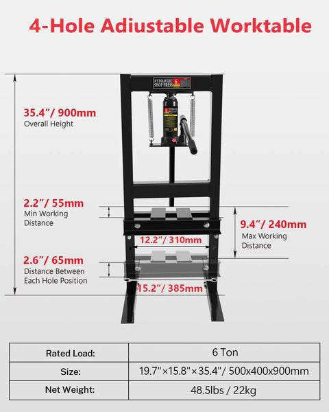 Front view of 6 Ton Hydraulic Shop Press With Adjustable Worktable And Stamping Plates, features and dimensions displayed.