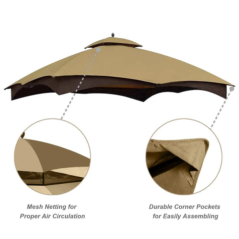 Gazebo Replacement Canopy Top For Lowe's Allen Roth GF 12S004B 1 Beige Easy Install Replacement Durable Polyester Or RipLock Fabric Upgrade Original Fit Weather Resistant Outdoor Shelter Cover showing mesh netting and corner pockets.