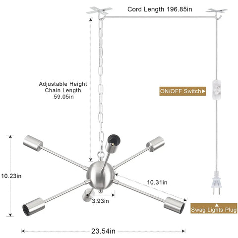 Mid Century Sputnik 6 Light Dope Black Semi Flush Mount Ceiling Fixture diagram with dimensions and E26 base