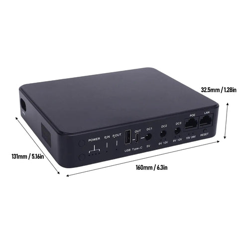 Heavy Duty Ups Power Supply With 10400Mah Portable Battery Backup showing 3D perspective and connection ports for network devices.