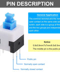 Image of a Self Locking Mini Button DPDT Switch Kit with Caps 80Pcs, showing pin description and general application notes.