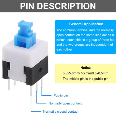 Image of a Self Locking Mini Button DPDT Switch Kit with Caps 80Pcs, showing pin description and general application notes.