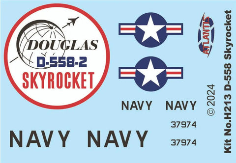 Skyrocket D 558 2 US Navy Model Kit decal sheet with insignia and labels for assembly on unpainted plastic build kit.