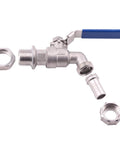 DERNORD stainless steel ball valve with blue lever, 1/2 in weldless bulkhead, with hose barb fitting and nuts.