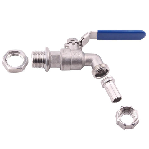 DERNORD stainless steel ball valve with blue lever, 1/2 in weldless bulkhead, with hose barb fitting and nuts.