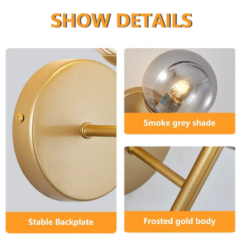 2 Light Plug In Globe Wall Sconce With Smoky Gray Glass Shade And Brass Finish Delivers A Cozy Vibe And Soft Glow For Bathroom Bedroom Hallway Corridor Modern Bedside Lighting details view
