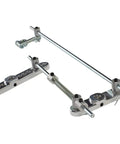Universal Tri Power Throttle Linkage Kit Featuring Adjustable Drilled Arms For Roll Smooth Carburetor Hookups Compatible With Holley Stromberg Rochester Carbs, silver assembly with rods and spring.