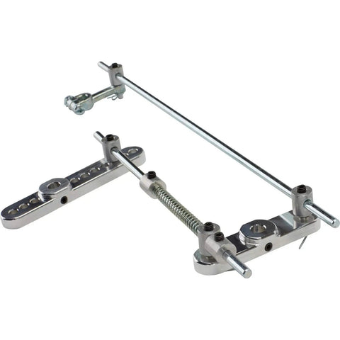 Universal Tri Power Throttle Linkage Kit Featuring Adjustable Drilled Arms For Roll Smooth Carburetor Hookups Compatible With Holley Stromberg Rochester Carbs, silver assembly with rods and spring.
