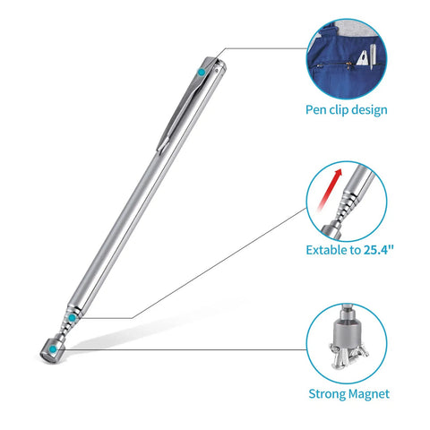 Telescoping Magnetic Pickup Tool With Pen Clip, 3.5 Lb Pull, Extendable From 5.1 To 25.4 Inches, Pocket Clip Design For Quick Grabs, Perfect Gift For Men, Dads, Car Enthusiasts And DIY Handyman