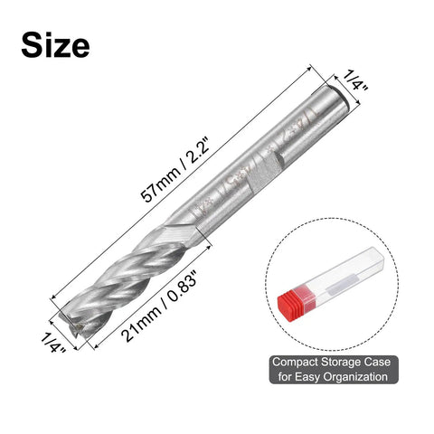 Quarter Inch End Mill Router Bit Set, Four Flute Straight Shank HSS-AL CNC Cutter with dimensions and storage case
