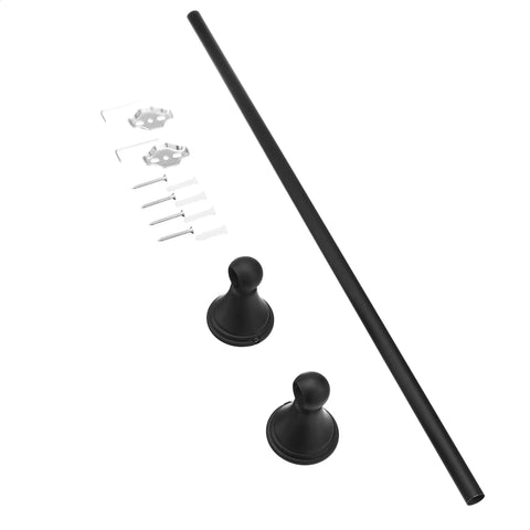 Flat Black 24 Inch Towel Bar For Modern Bathrooms, shown with wall mount hardware, brackets, screws, and zinc alloy construction.