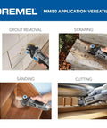 MM50-01 Multi-Max Oscillating Tool Kit Pro Grade showing grout removal, scraping, sanding, and cutting applications