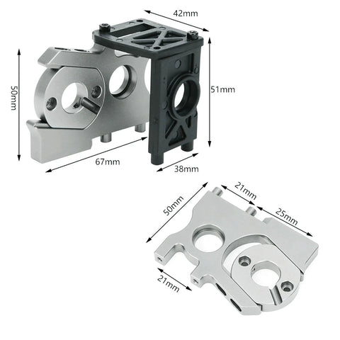 Front view of two-piece aluminum motor base mounting kit for 1/8 scale RC brushless motor.