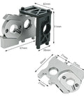 Brushless motor mounting holder for 1/8 scale RC Tmaxx; two-piece silver aluminum bracket and black mounting block.