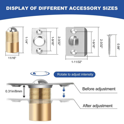 Heavy Duty Ball Catch Latch Set For Top Of Doors And Closets, All Metal Construction With Rust Proof And Slam Proof Mechanism, Baby Safe And Pet Safe, Replacement Latch With 0.98 Inch Long Screws, 2 Pack displayed with dimensions and adjustment instructions