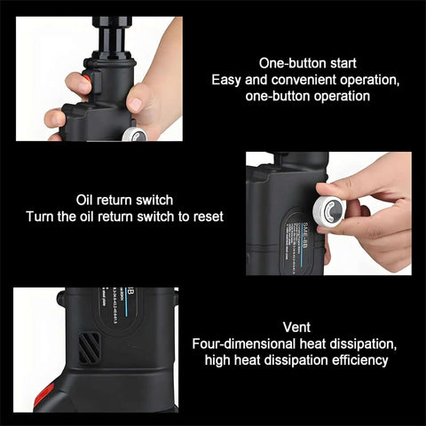 Close-up images showing the features of the Rechargeable Hydraulic Hole Punch Kit With Six Dies For 22 To 60 mm Holes 21V Battery Pack, highlighting controls.