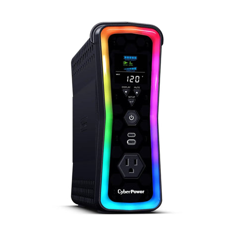 Front view of Gaming UPS Battery Backup And Surge Protector 1500VA 1000W with RGB lighting, USB-C port, and digital display.