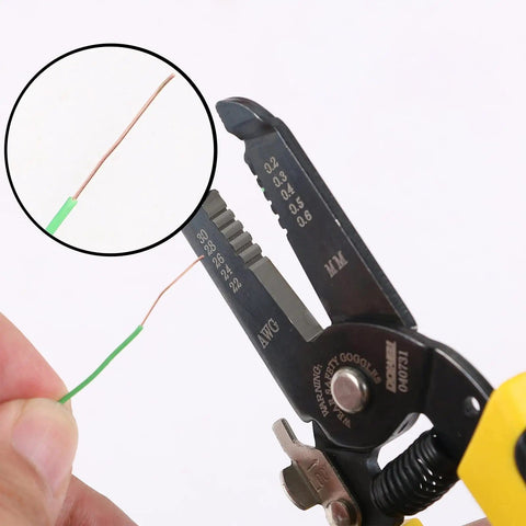 Close-up of Two Piece Wire Stripping Tool Set For 10 To 22 AWG And 22 To 30 AWG Solid And Stranded Wires with wire being stripped