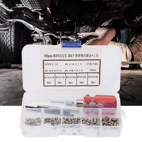 105 Piece Stainless Steel Threaded Inserts Repair Kit For Aluminum And Plastic, Wire Insert Installation Set, M3 X 0.5 Internal Thread Repair And Reinforcement, DIY Friendly, open kit with tools and inserts visible