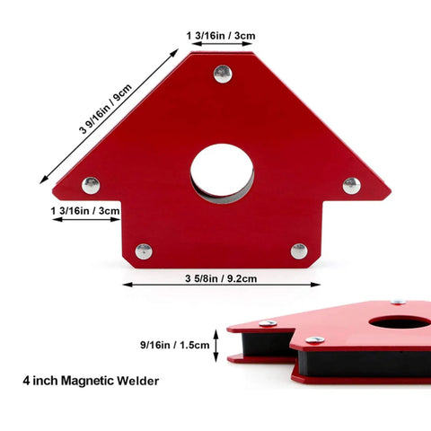 Heavy Duty Welding Magnet Set With 4 Pieces Of Angled Holders Offering Multi Position Support For Arrow Setup At 45 90 And 135 Degrees, 4 inch magnetic welder with red design.