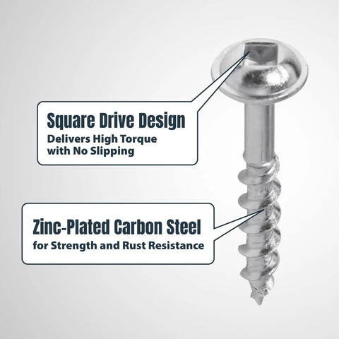 Pocket Hole Screws 1-1/4 Inch Coarse Thread With Maxi-Loc Head 2 Square Drive For Pocket Hole Jigs Carbon Steel Zinc-Plated 150-Pack