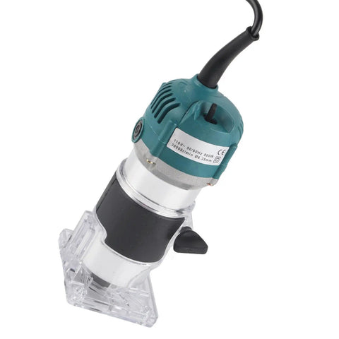 Built Tough 800W Electric Palm Router With Clear Base And Soft Touch Rubber Grip Smooth As Butter 30000 Rpm side view of router