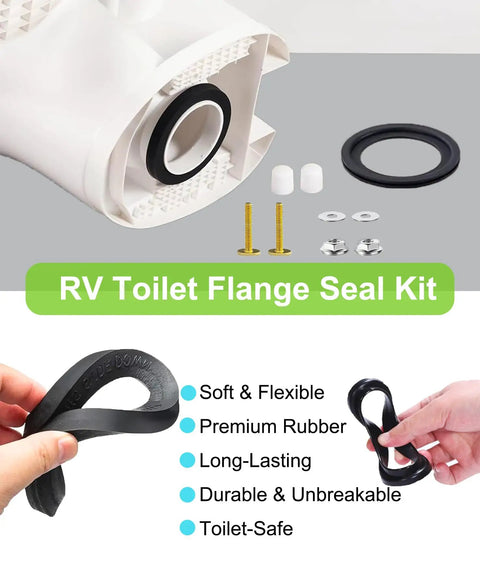 Heavy Duty RV Toilet Seal Repair Kit With Flush Ball Washer And Tough Bottom Gasket For Dometic 300 310 320 showing rubber seals and installation hardware.