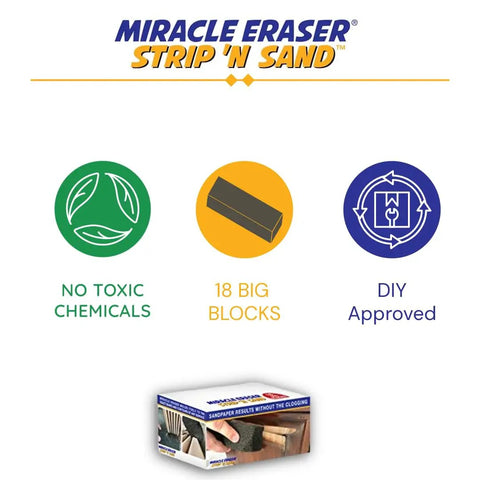 Strips N Sand Paint Remover Blocks 18 Pack For Cabinets And Furniture Non Toxic product packaging with key features displayed.