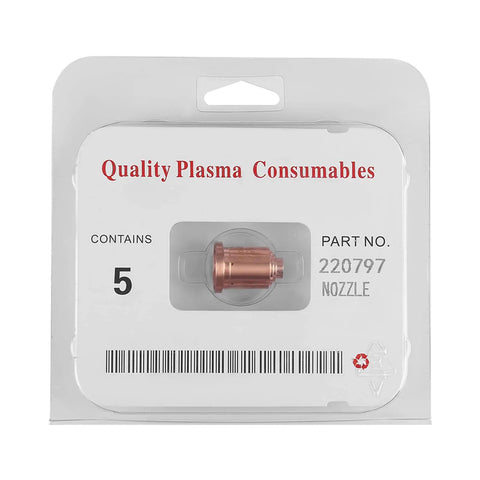 Durable 85 Amp Plasma Cutter Nozzle Tips And Consumables For Max85 Torch in packaging, five pack, copper material for heavy duty cutting.