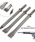 Pro Grade Air Hammer Long Bit Set For Chipping And Punching Pneumatic Tool Compatible With Most Hammers, shown with 3 bits