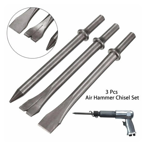 Heavy Duty Air Hammer Kit With Long Bits Set Featuring Punch Chisel And Shovel Head For Metalworking, Auto Repair, And Construction Jobs That Get Done Fast Without Breaking The Bank Or Your Back. 3 steel bits