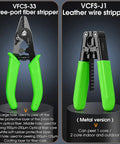 Two green-handled fiber and leather wire strippers, VFCS-33 and VCFS-J1, displayed on a stand with tool descriptions.